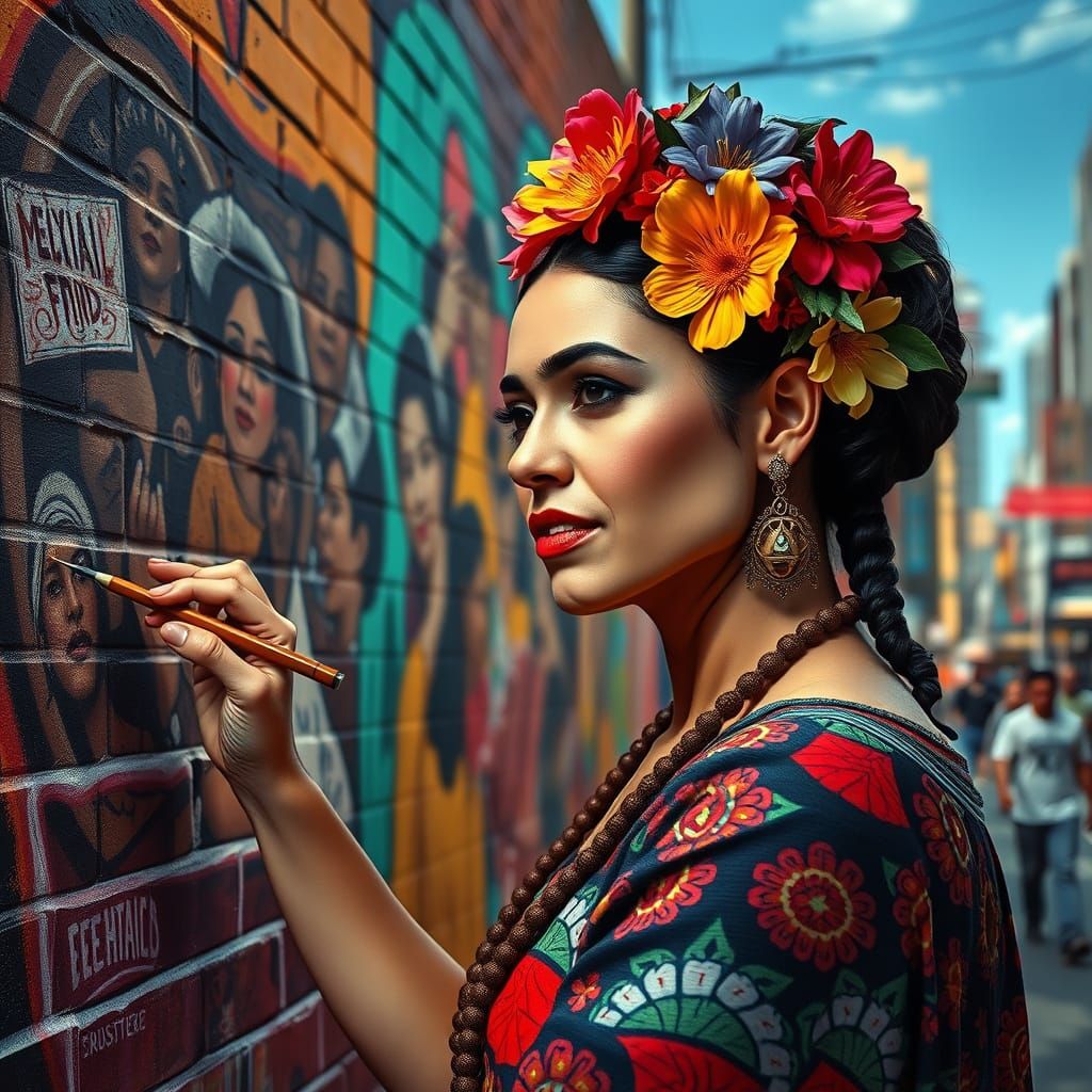 Frida Kahlo Inspired Mural Art in Urban Setting