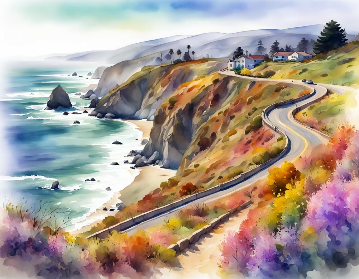 Pacific Coast Highway Digital Watercolor Landscape