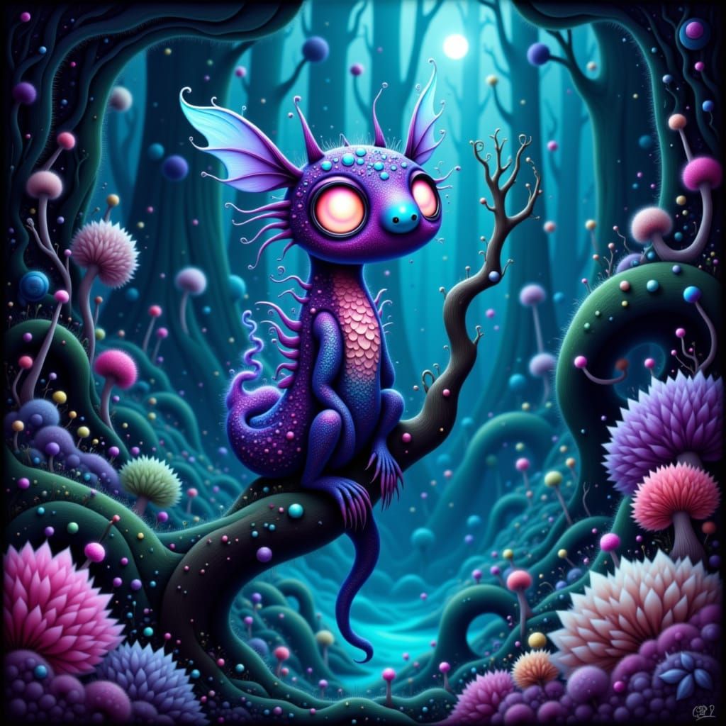 Bioluminescent Creature in Alien Forest, Manga Style