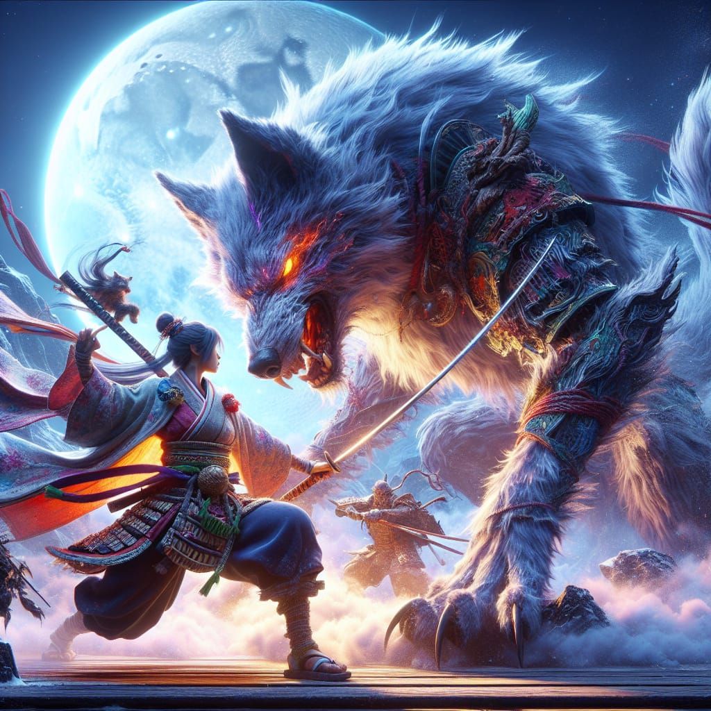 Fantastical Female Samurai Battles Colossal Wolf in Epic Fan...