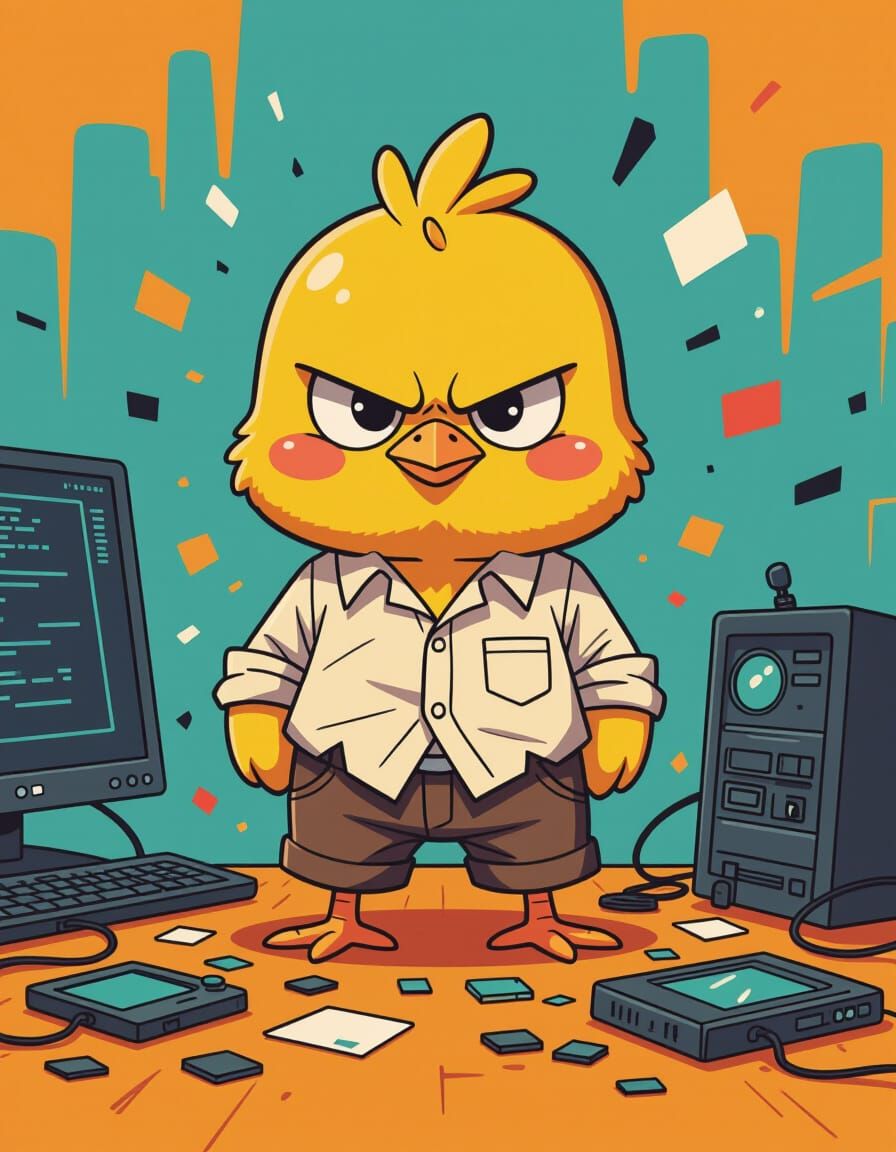 Grumpy Chick Surrounded by Computer Parts
