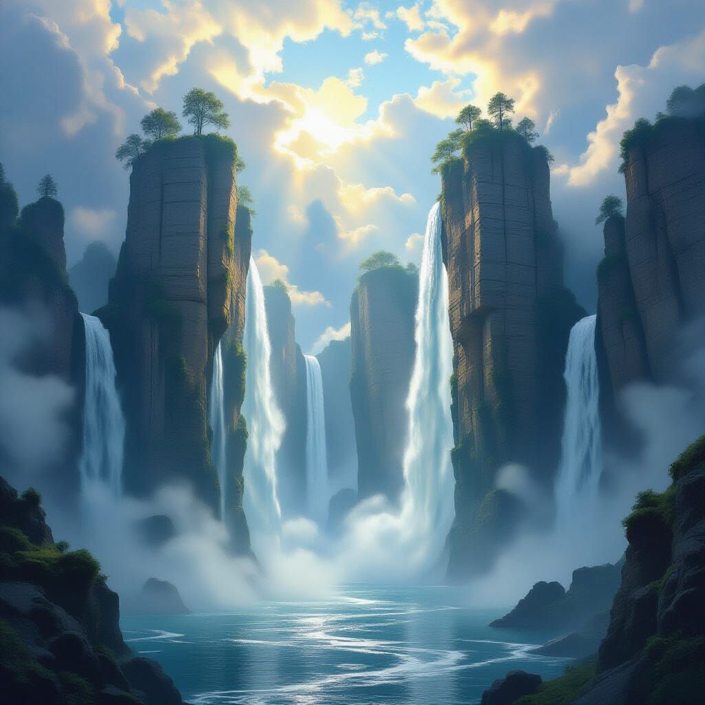 Epic Floating Islands With Waterfalls in Misty Sunlight