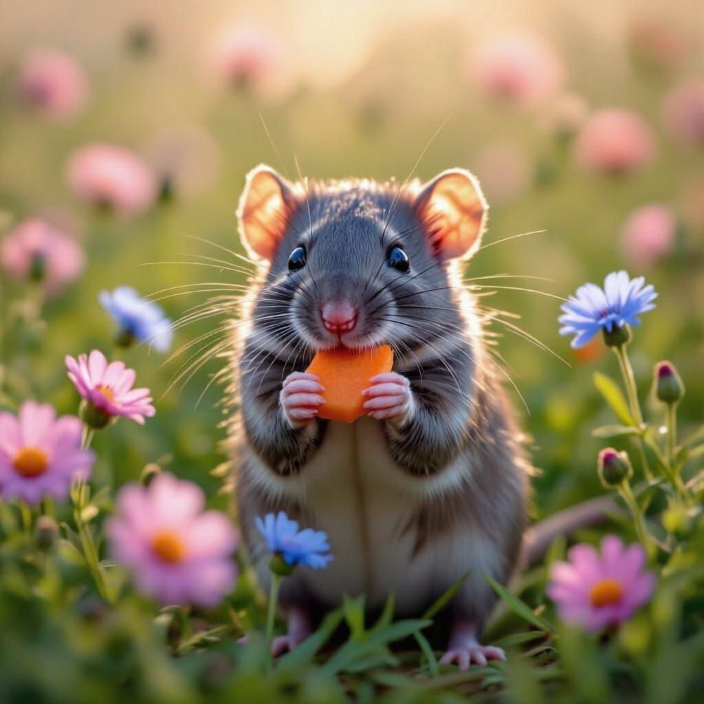 Realistic Grey Rat Eating Carrot in Flower Field