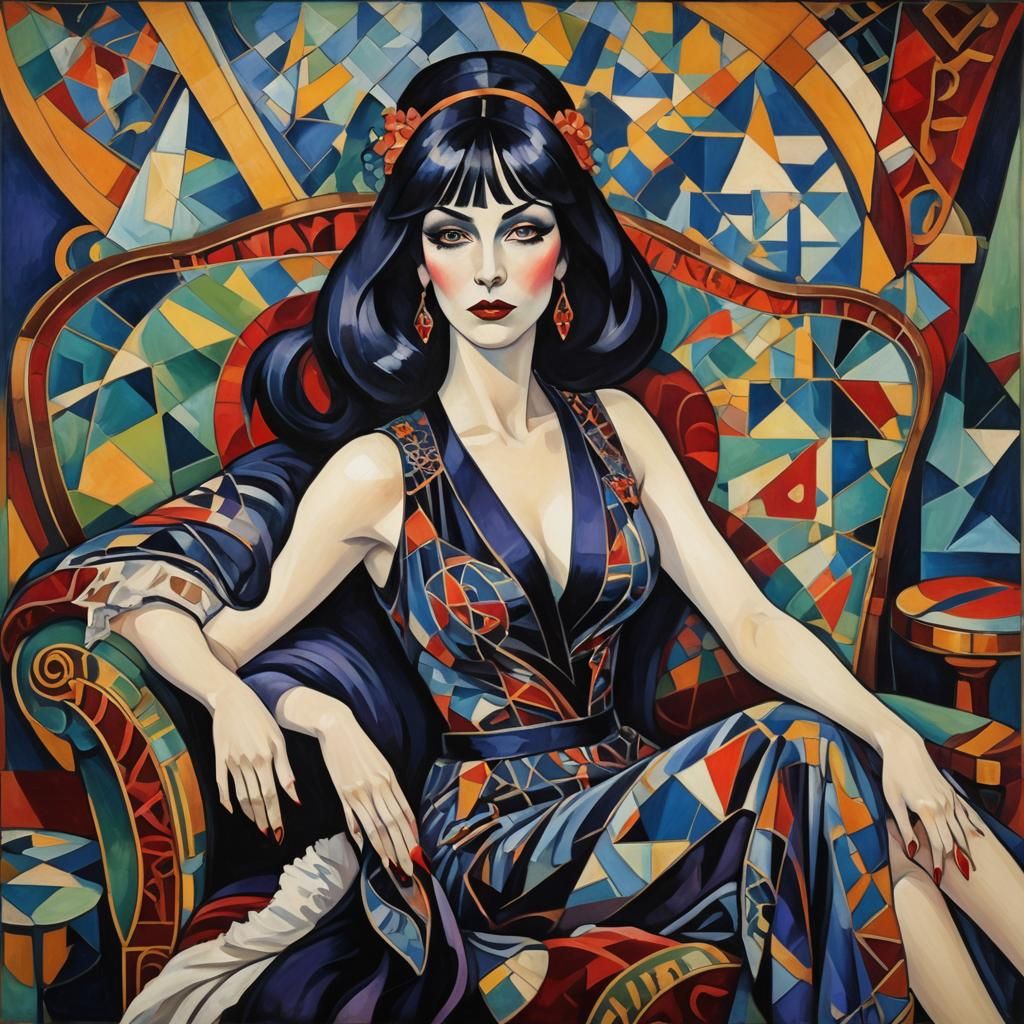 Vampiric Art Nouveau Woman Lounging in Geometric Setting