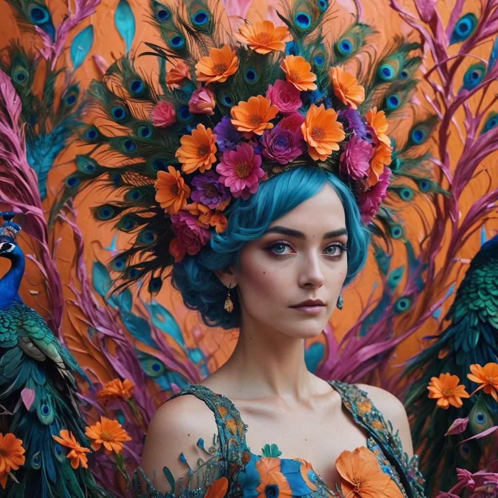 Woman with Peacock Feathers in Film Noir Style