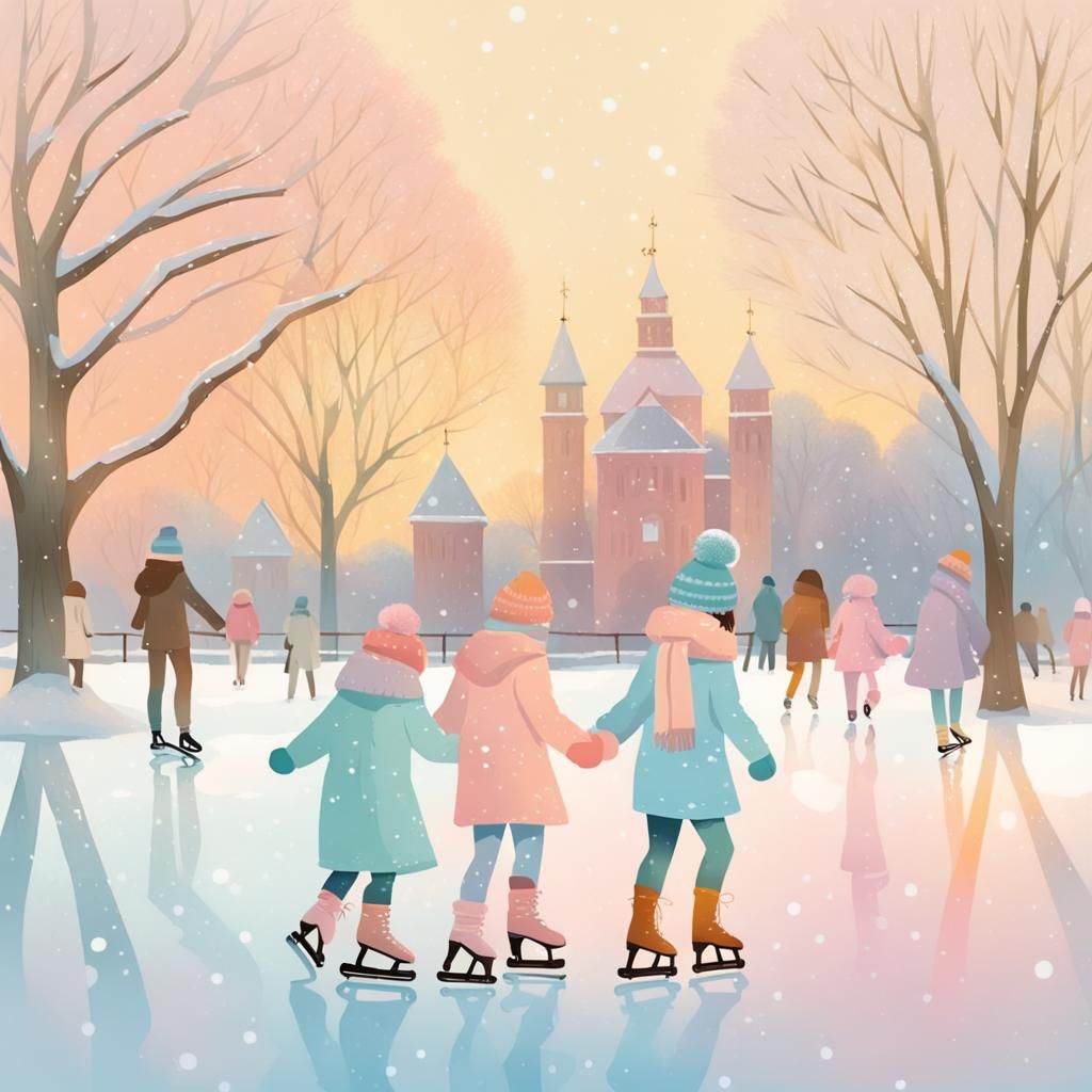 Pastel Ice Skating Scene with Golden Glow