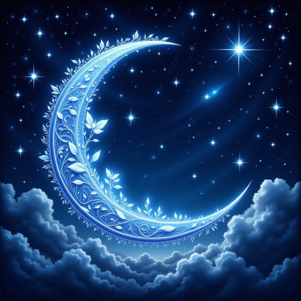 Stylized Crescent Moon with Twinkling Stars in Celestial Art...
