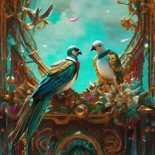 Ornate Birdhouse with Pigeons in Watercolor Abstract