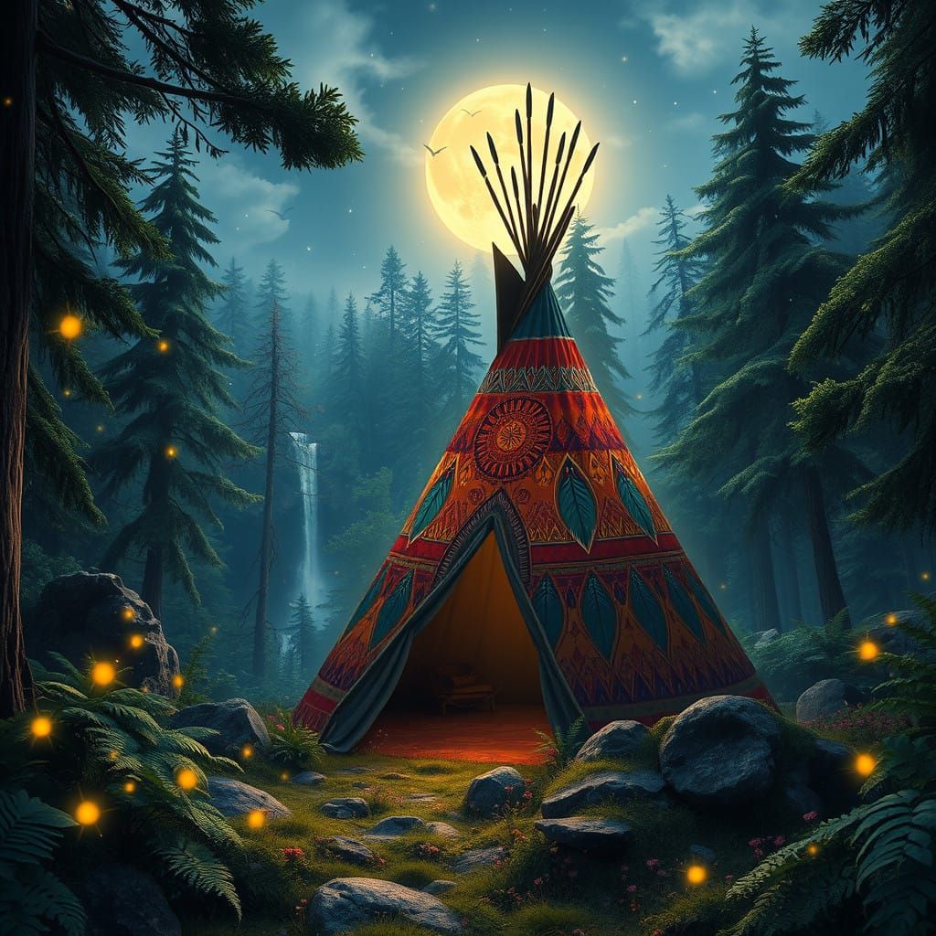 Enchanted Moonlit Teepee Amidst a Whimsical Forest