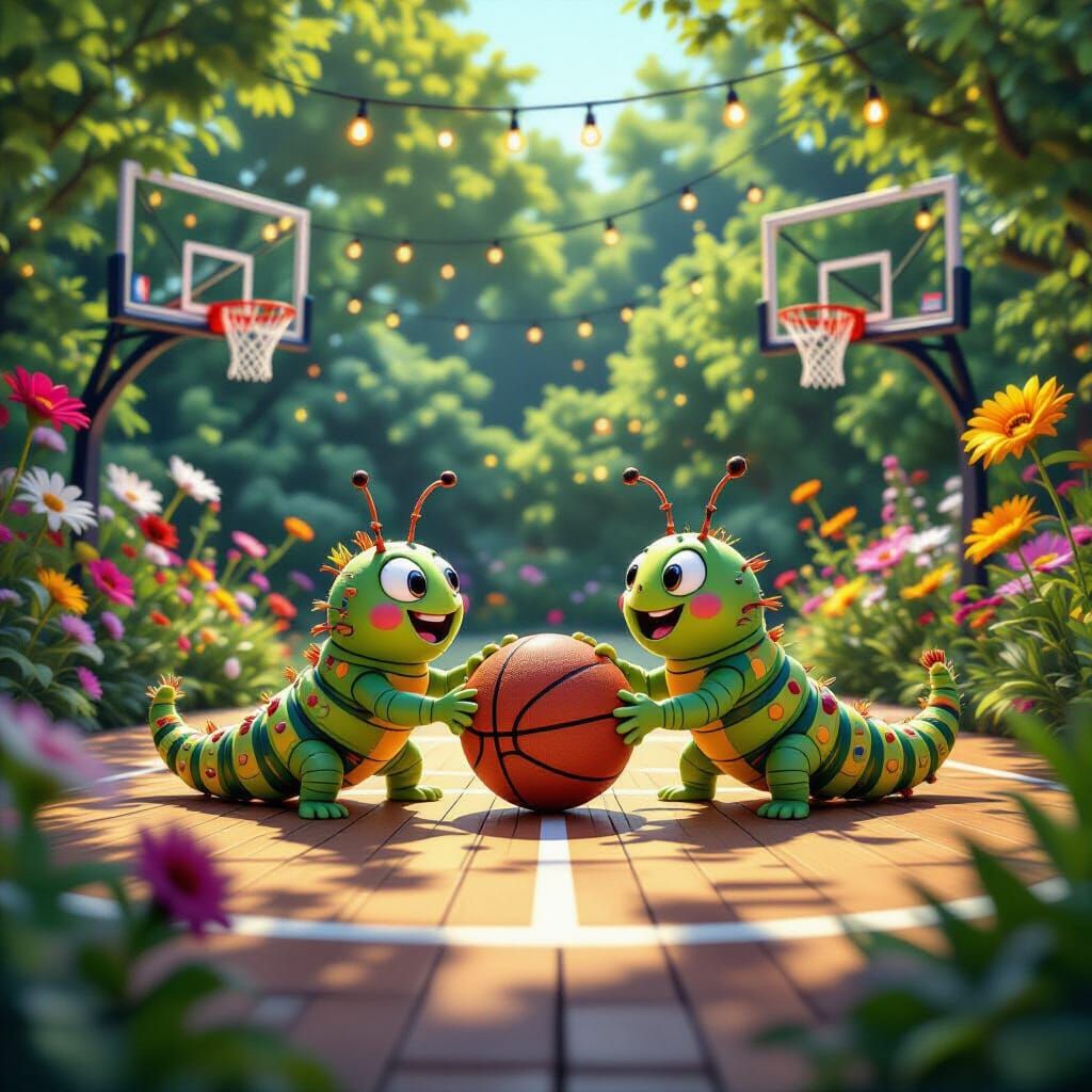 Caterpillars Play Basketball in Whimsical Garden