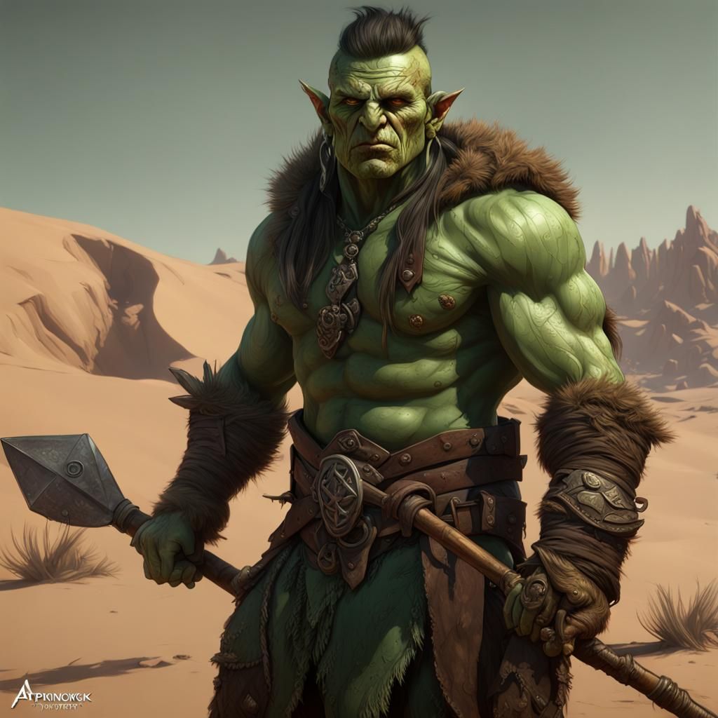 Half-Orc Barbarian Desert Survivalist in Dark Fantasy Style