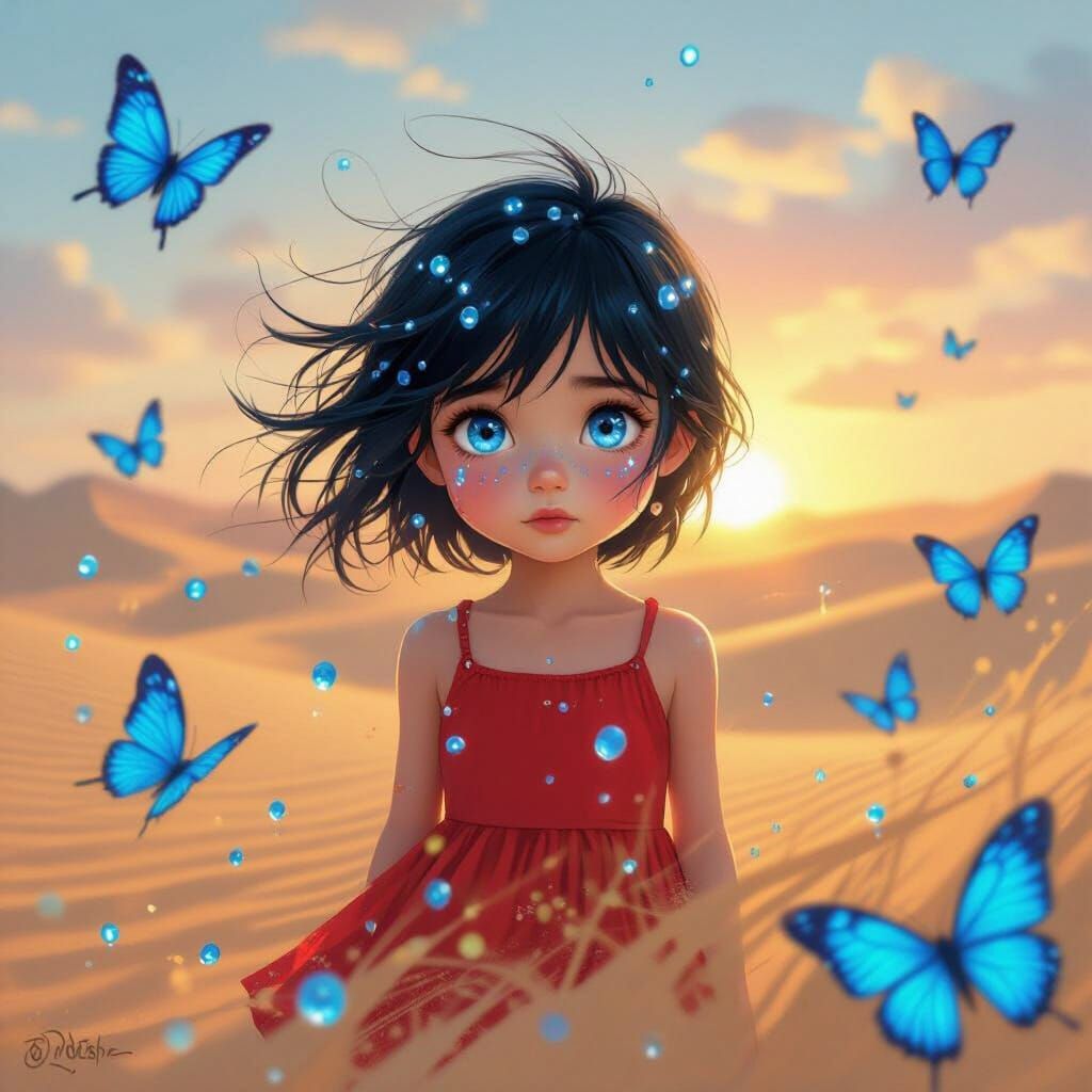 Girl in Sandstorm with Butterflies: Dreamy Art