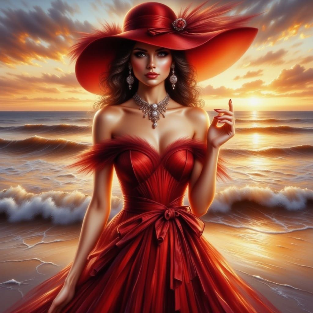 Elegant Woman in Red at Sunset, Hyperrealistic Style