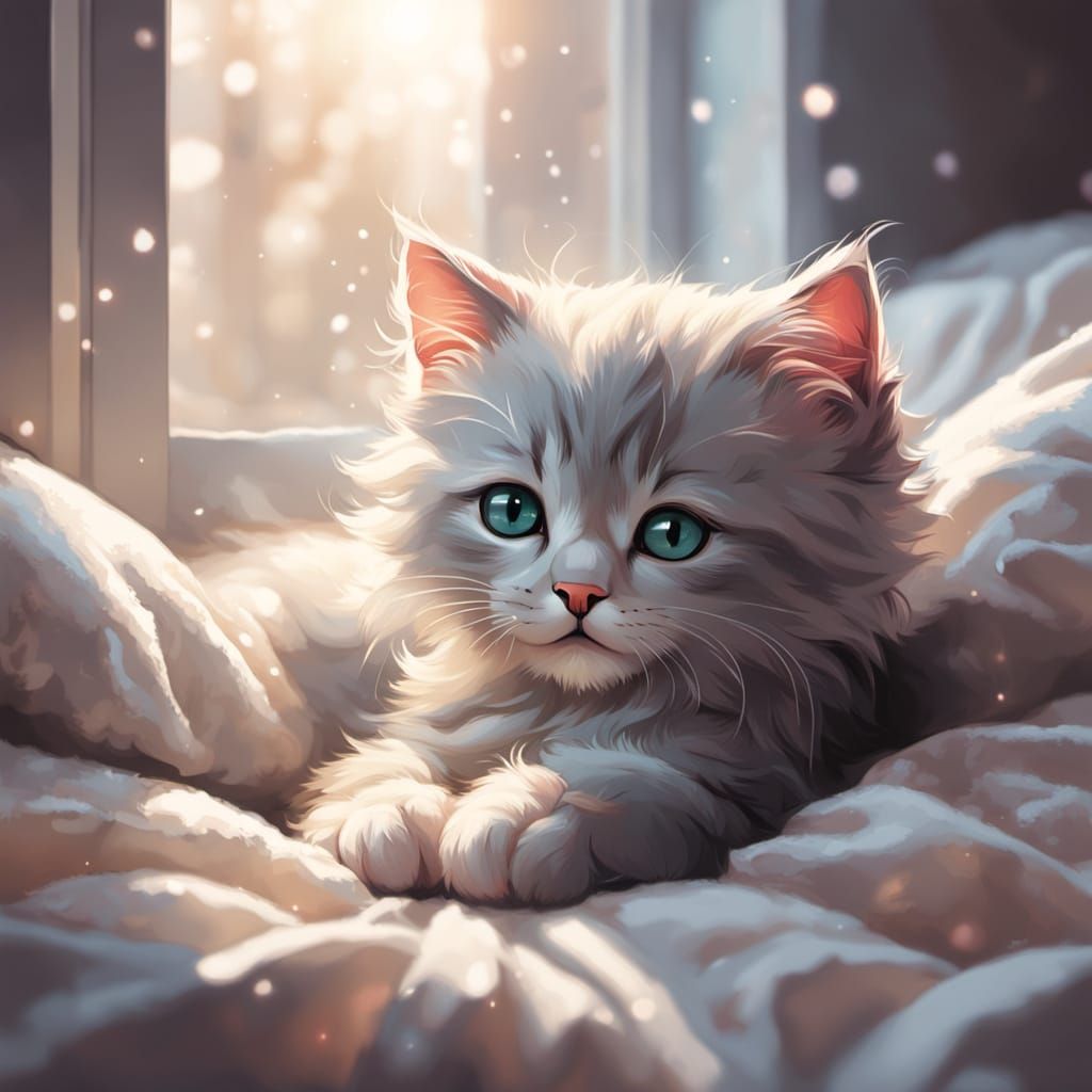 Surreal Manga-Inspired Kitten Slumbers on Plush Bed in Dream...