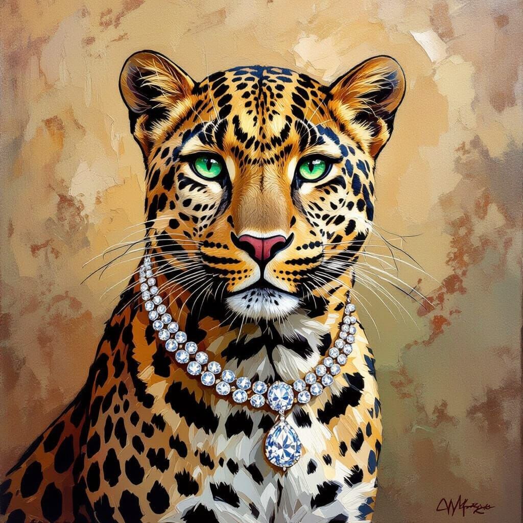 Majestic Leopard in Diamond Necklace, Painterly Style