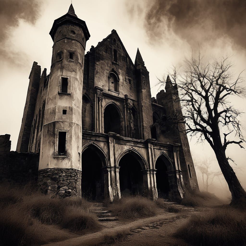 Ghostly Figures Haunt Castle Ruins: Gothic Oil Painting