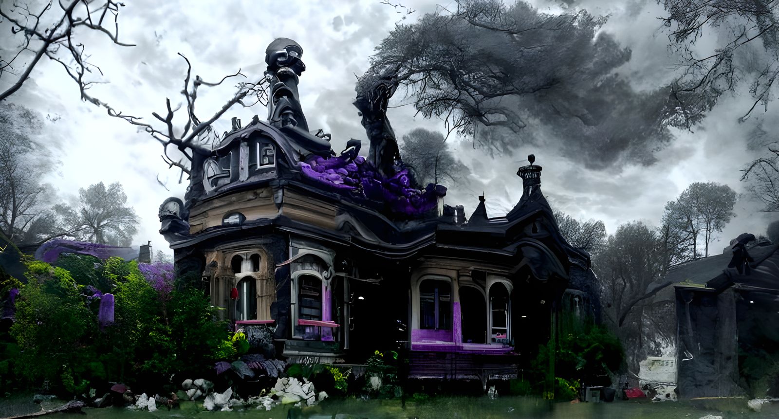 Eerie Victorian Haunted House with Purple Walls