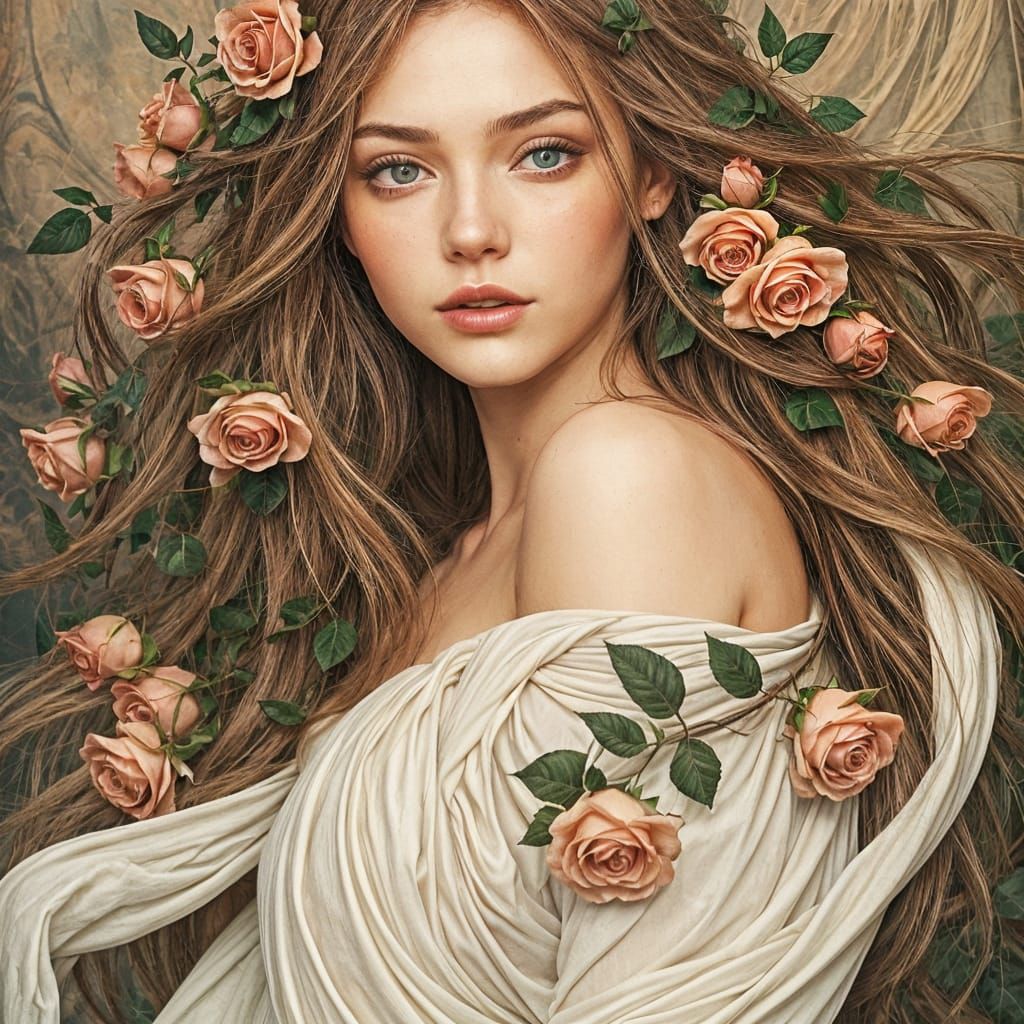 Enchanted Rose Goddess with Golden Sunset Eyes
