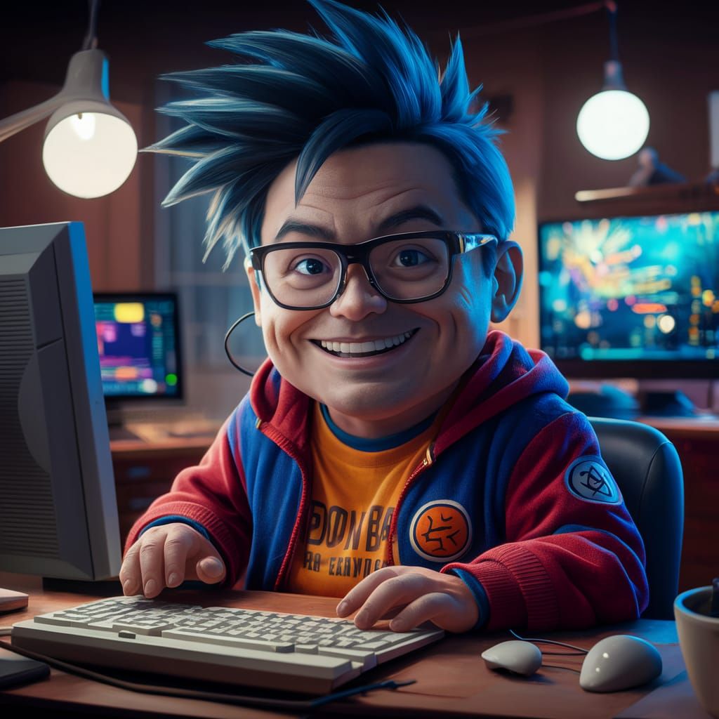 Goku Coding in Fanciful Dragon Ball Style