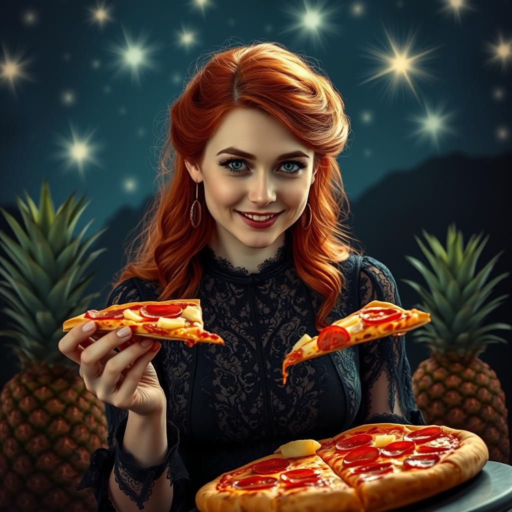 Victorian Woman About to Eat Pizza Under Stars