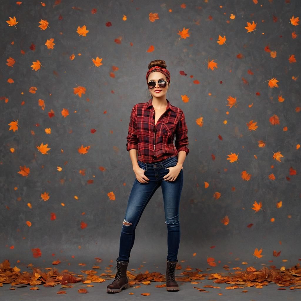 A woman with brown hair in a messy bun, wearing an Autumn th...