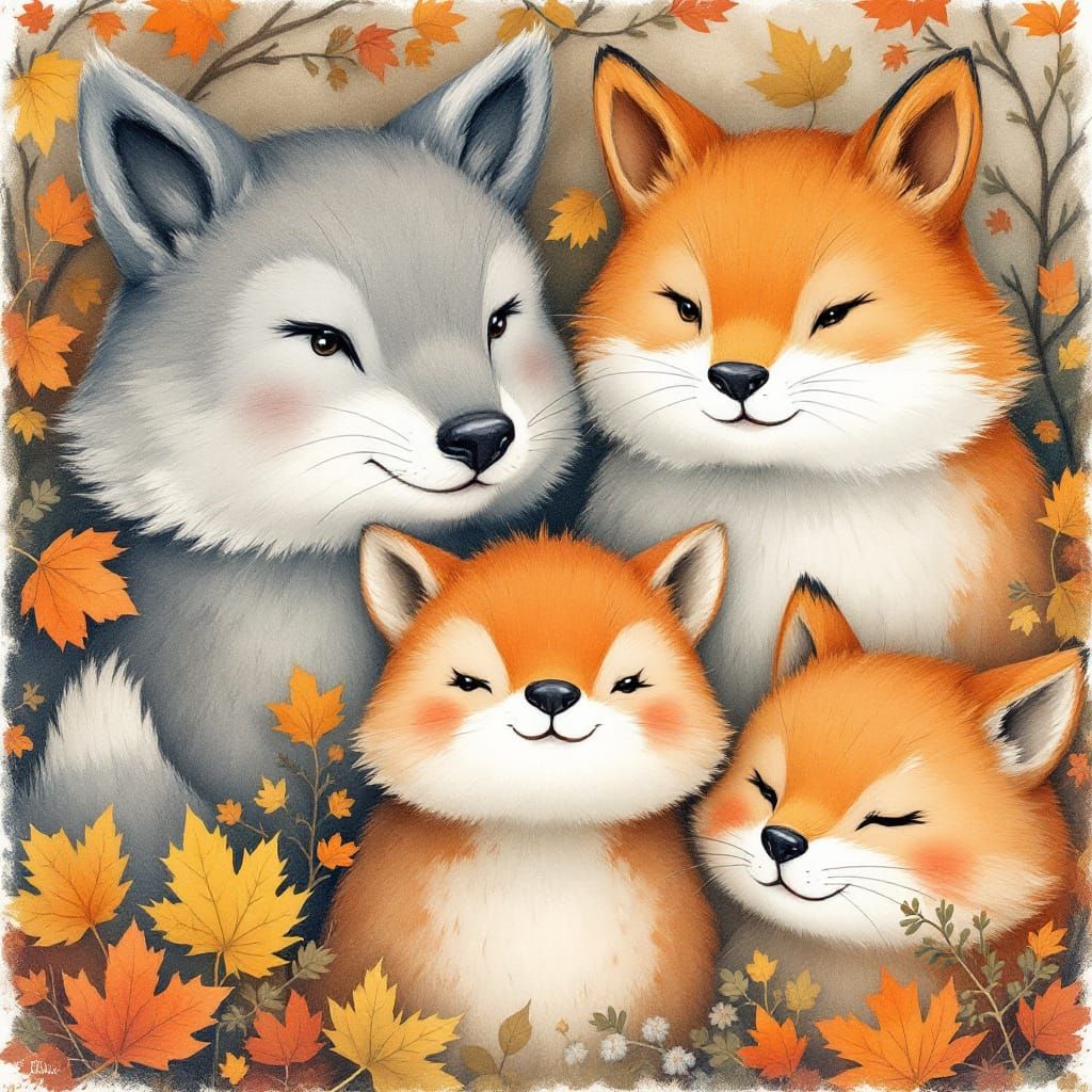 A Beautiful Close up Clean oil ink illustration of Autumn Animals, high detailed and cartonized