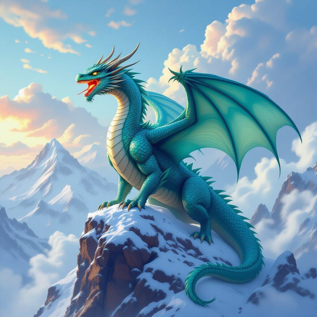 Teal Dragon Roaring on Snowy Mountain Peak