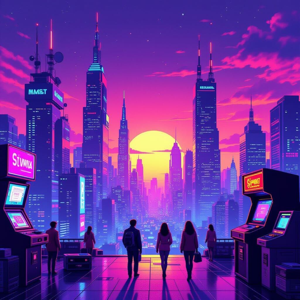 Neon Retro-Futuristic Cityscape at Sunset in Cyberpunk Style