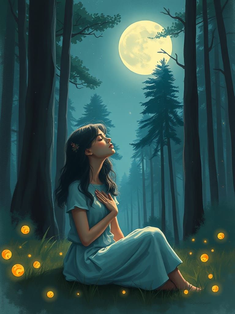 Ethereal Forest Scene: Woman Listening to Her Heart