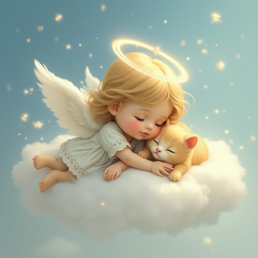 Angel of Innocence Cuddles Sleeping Kitten on Fluffy White C...