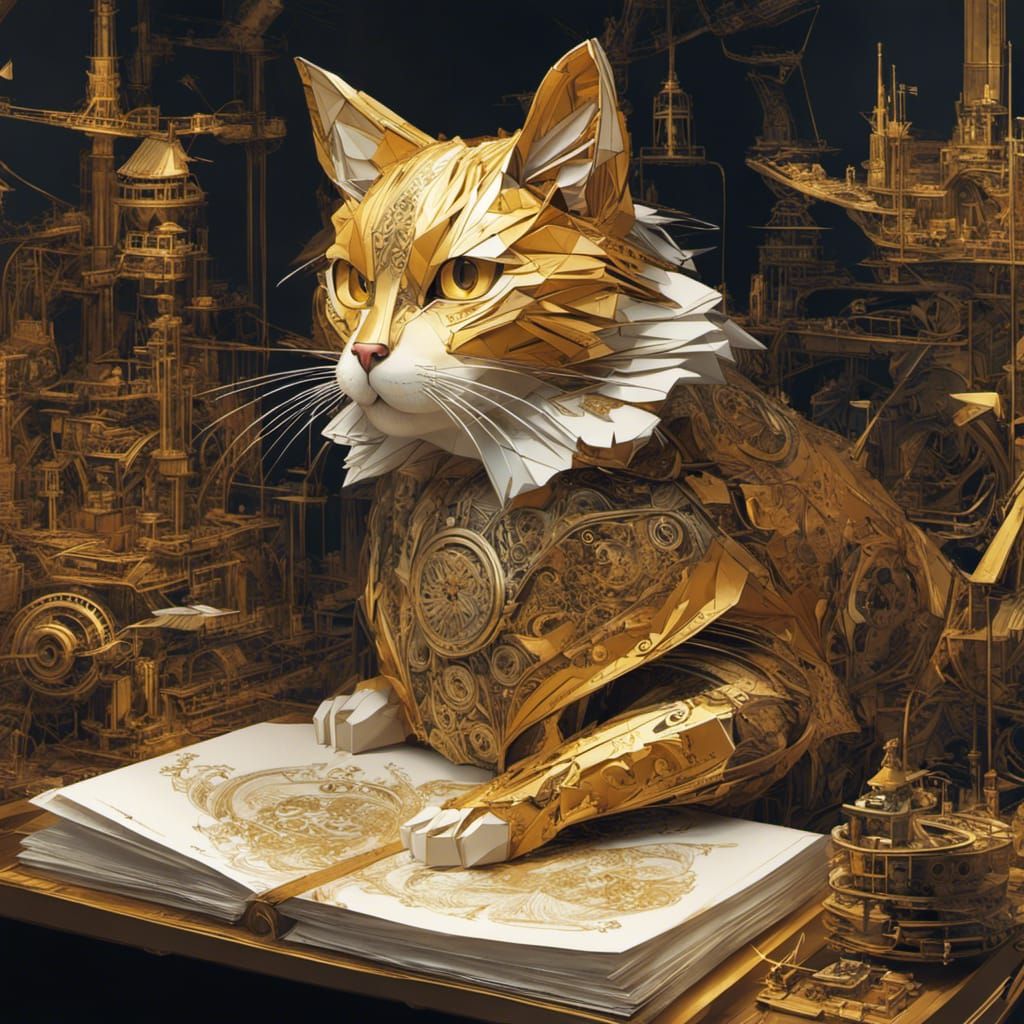 Steampunk Origami Cat with Golden Filigree