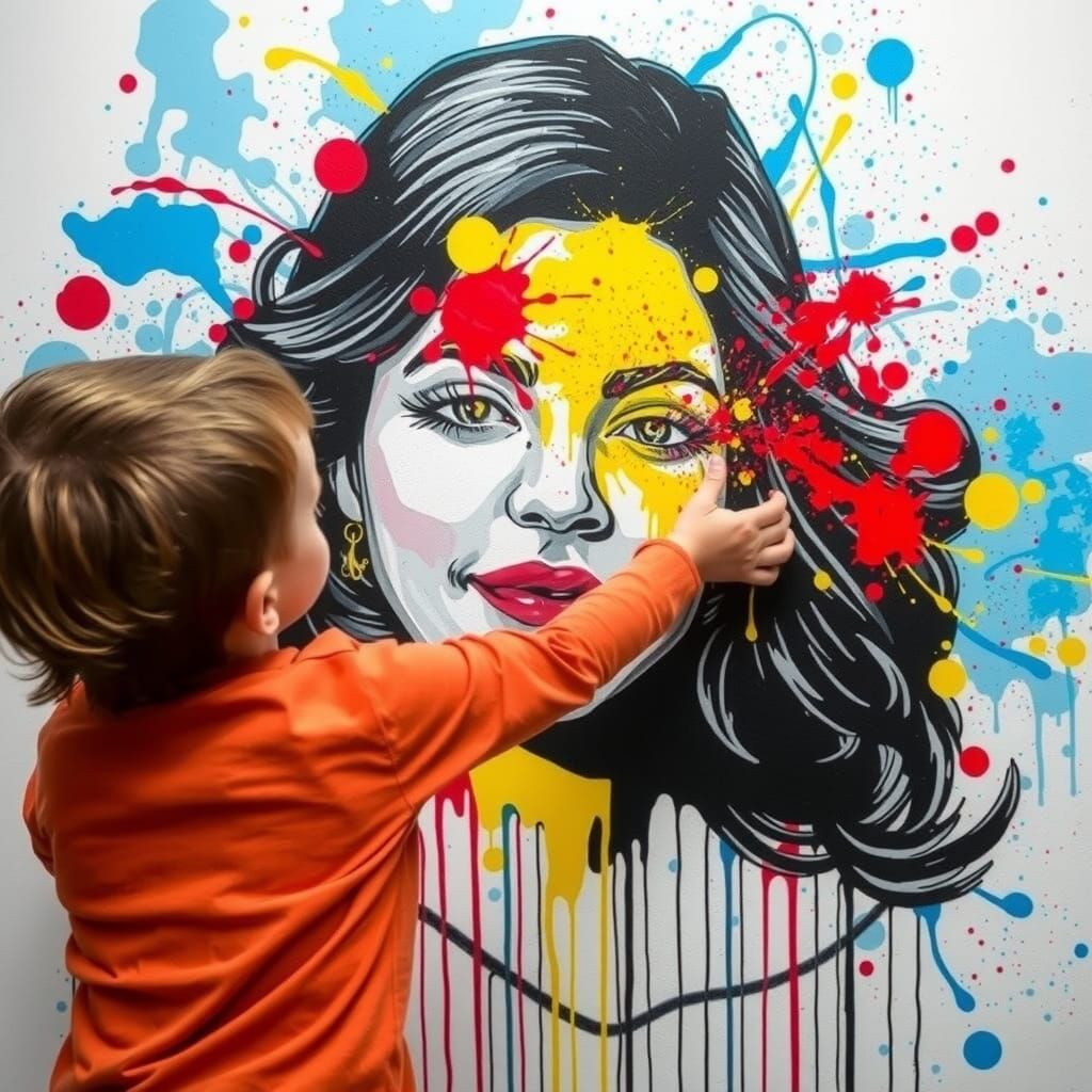 Child Creates Splatter Art Mural of Mother