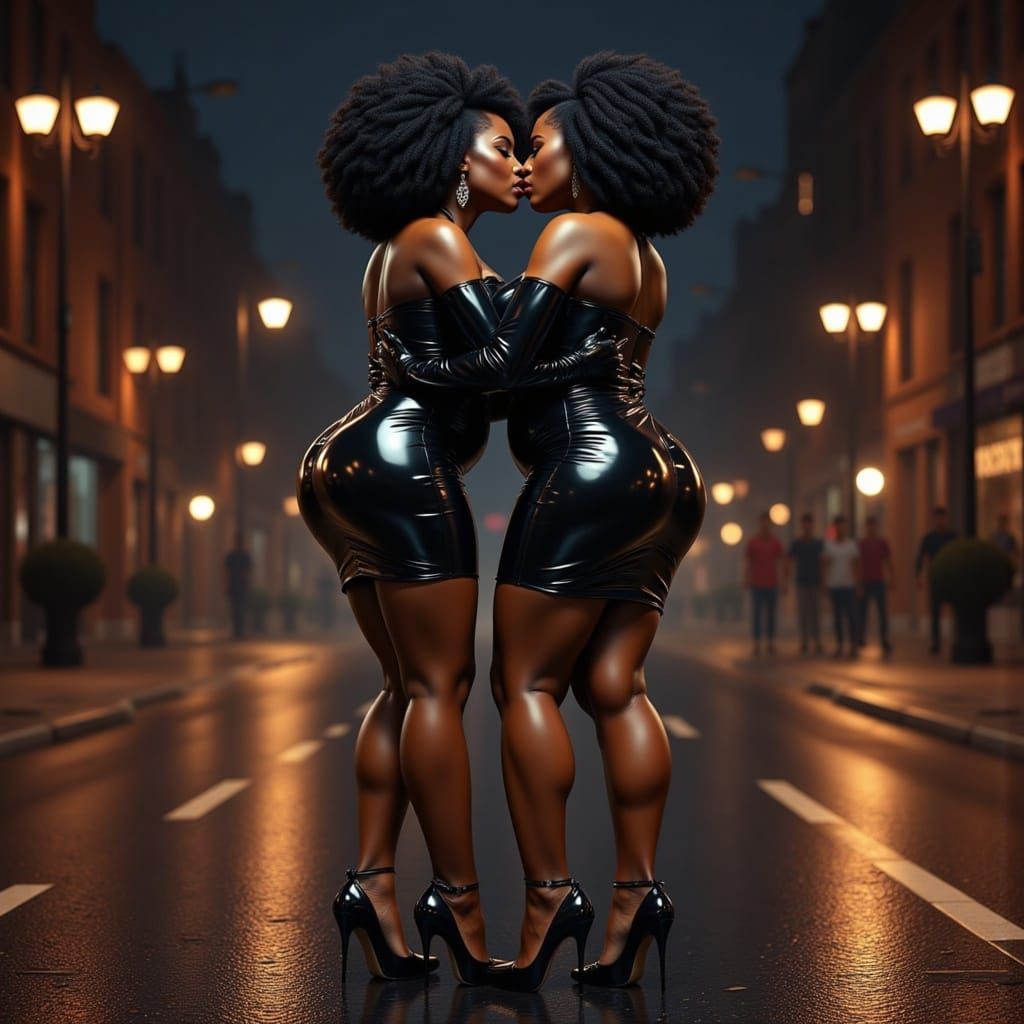 Sultry Ebony Goddesses in Metallic Latex, Kissing under Nigh...