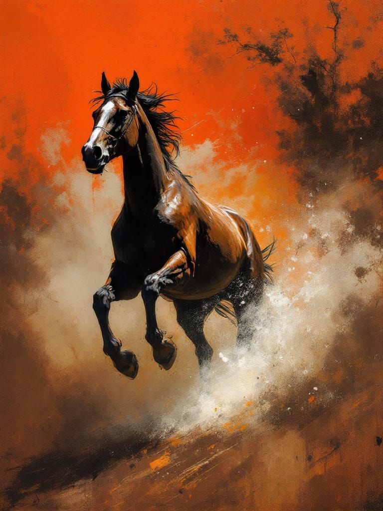 Horse Galloping Through Fiery Dust