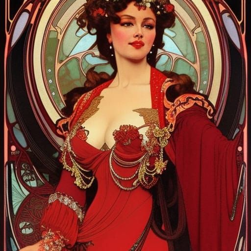 Art Nouveau Portrait of Woman in Crimson Dress