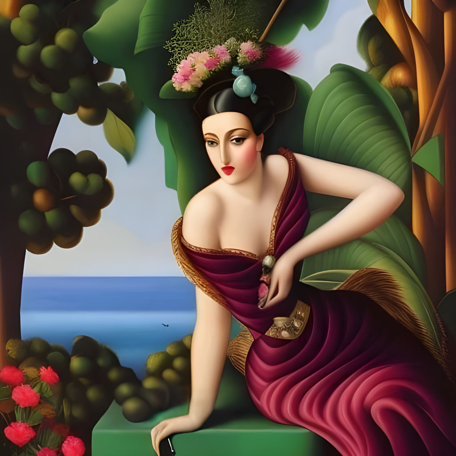 Beautiful Girl in Paradise Garden: Art Deco Portrait