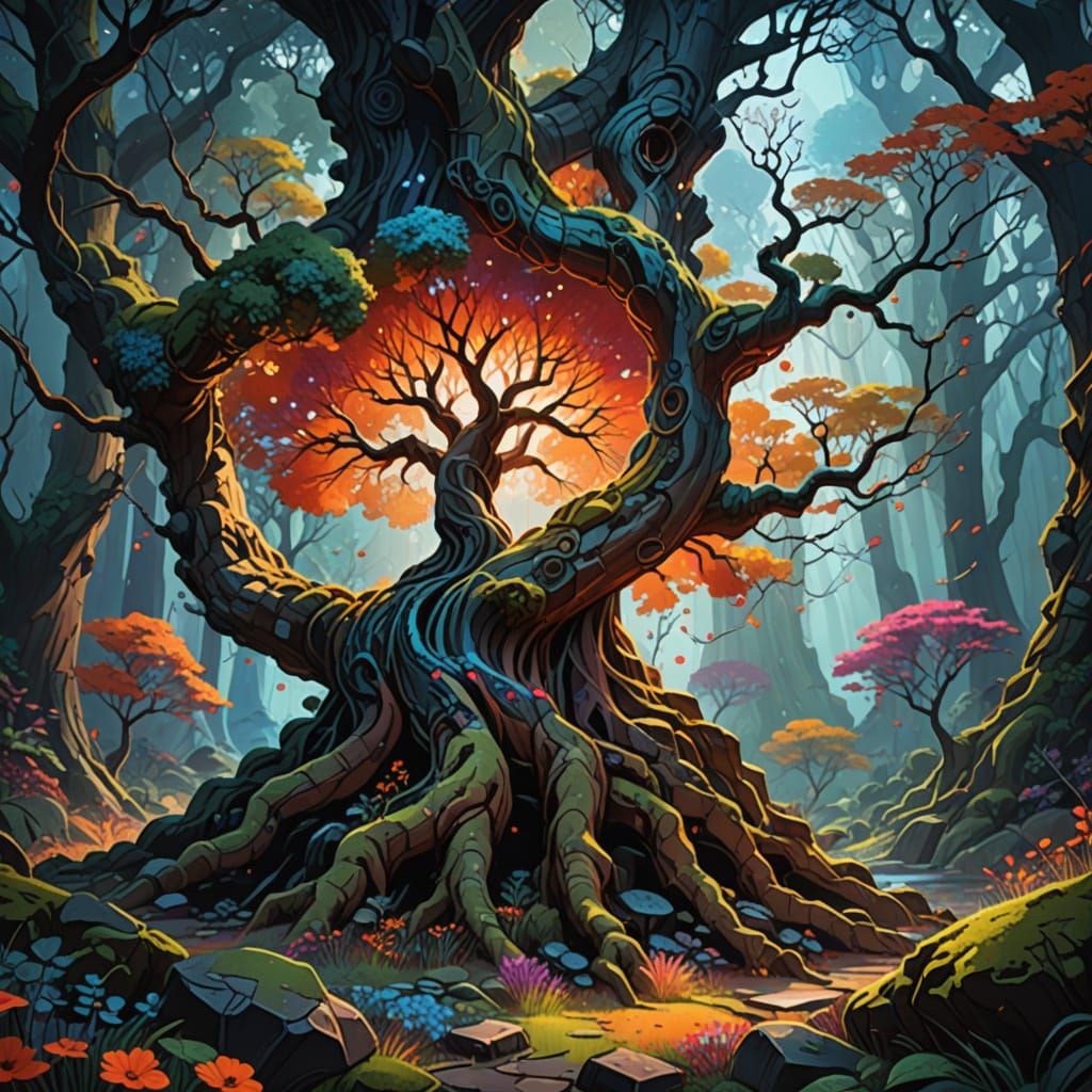 Majestic Tree in Whimsical Forest, Surreal Pop Art