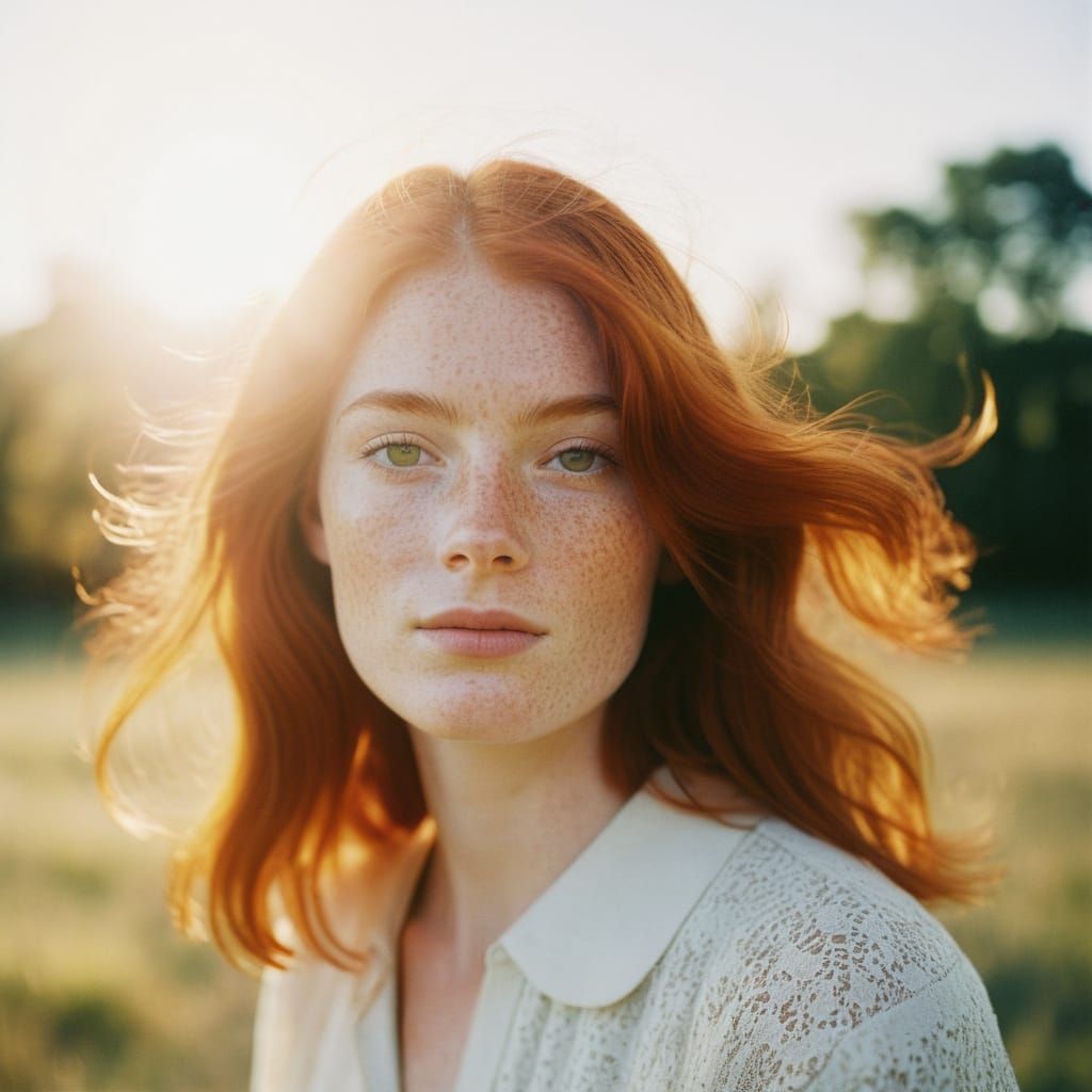 Warmly Lit Redhead in Analog Film Style