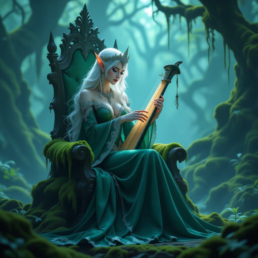 Elf Queen Plays Spectral Harp in Bioluminescent Forest