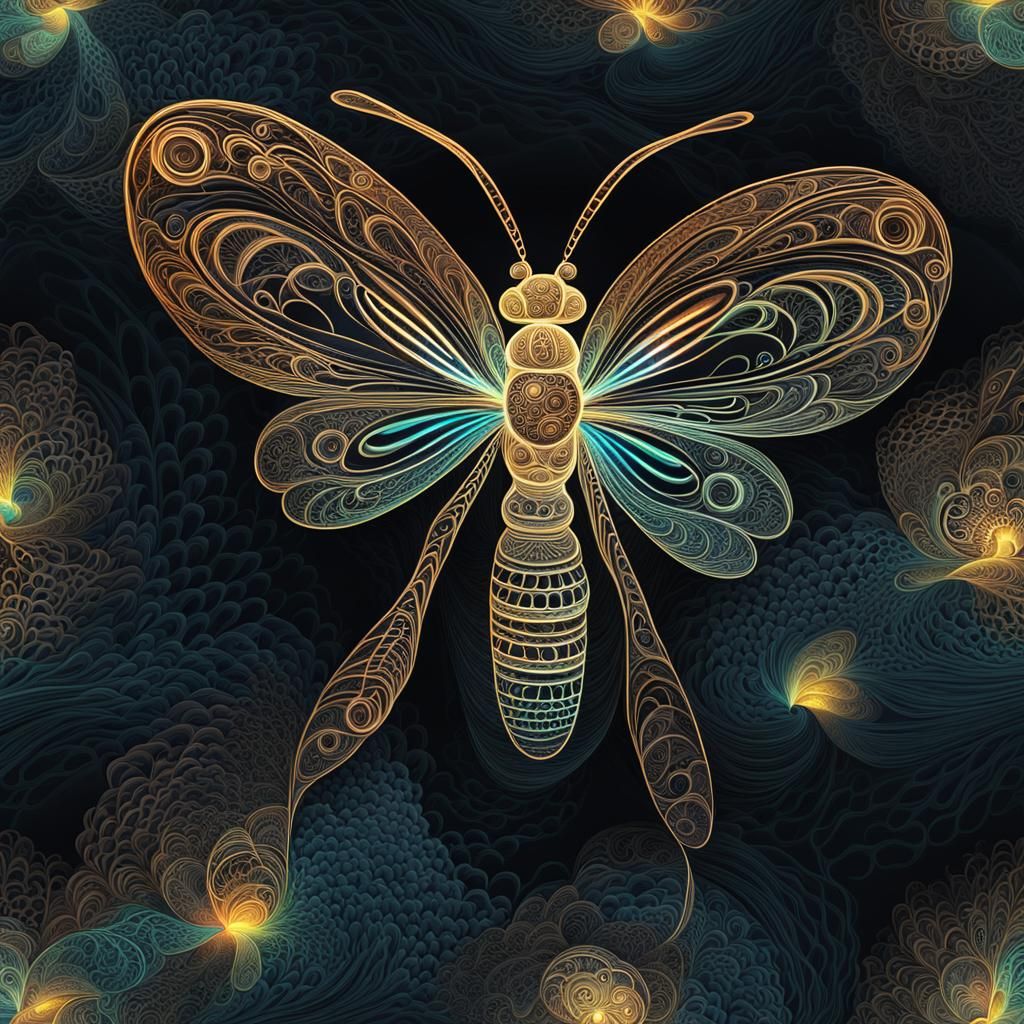 Glowing Firefly with Abstract Vector Fractal Design