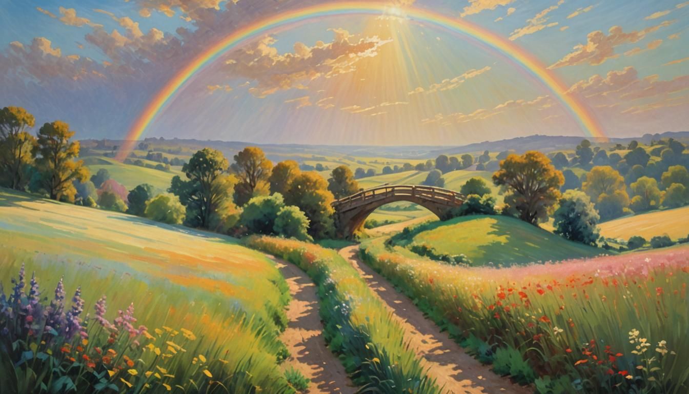 Impressionist Rainbow Bridge Landscape with Soft Light and P...