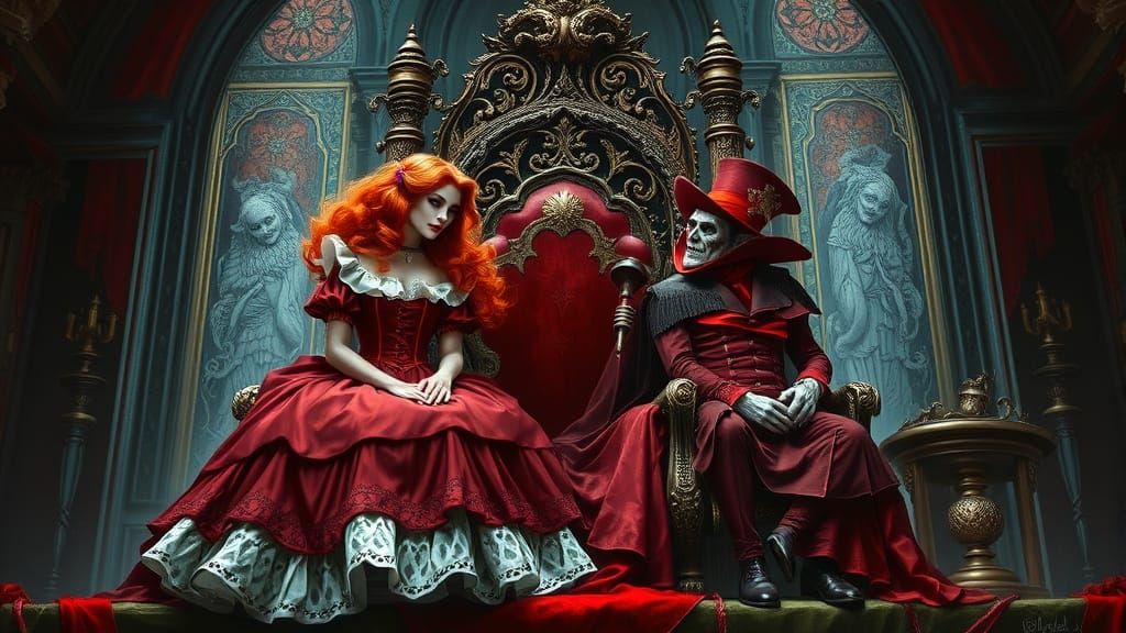 Alice Ascends as Red Queen in Dark Fantasy Style