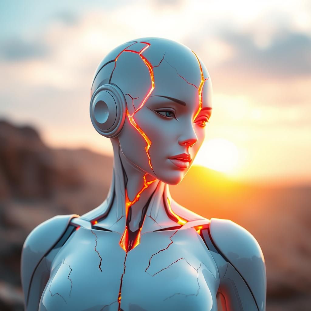 Futuristic Android Siren Fractured by Glowing Light