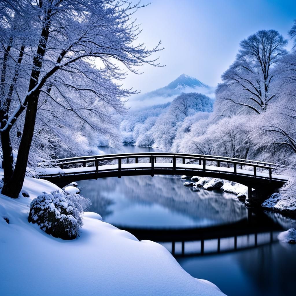 Japanese Winter Riverscape with Snowy Bridge