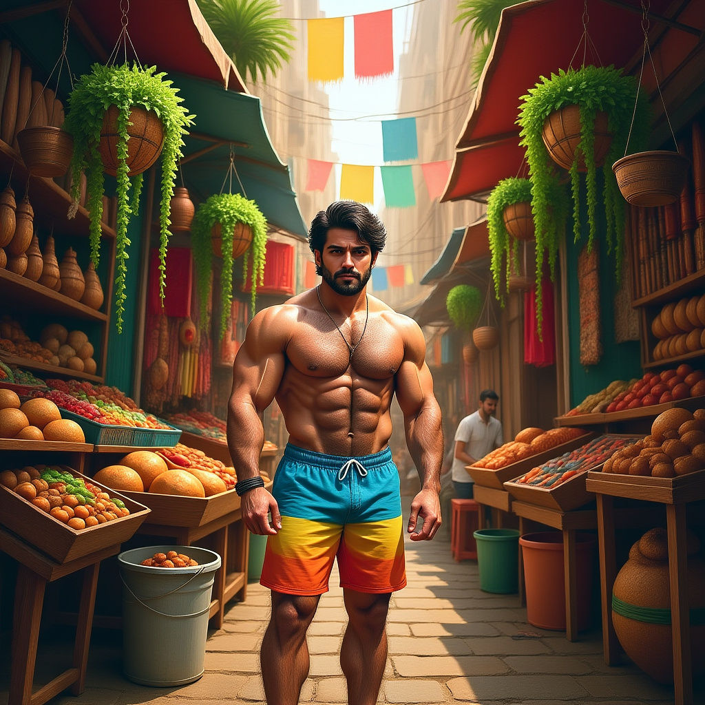 Muscular Indian Man in Street Market