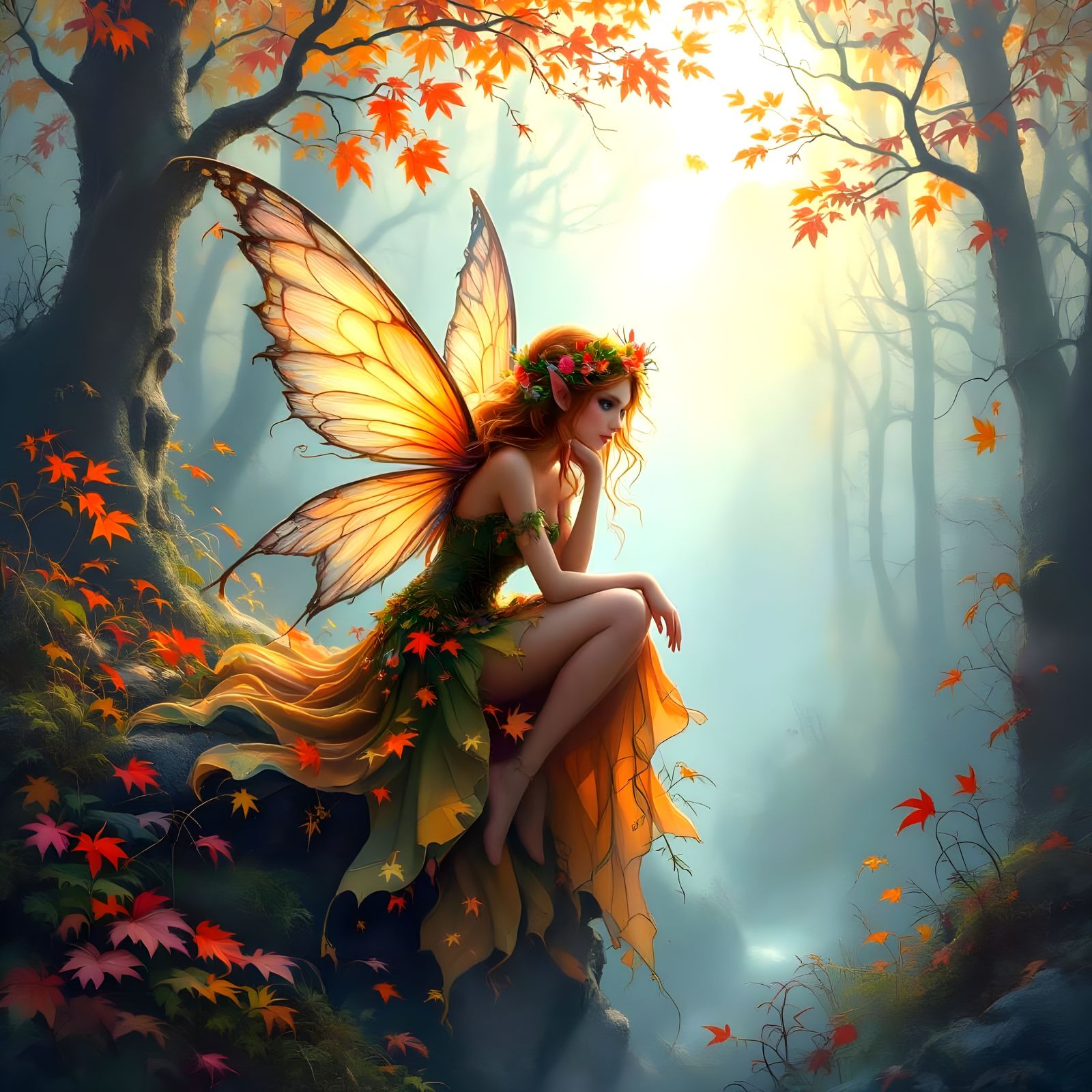 Ethereal Autumn Fairy in Misty Forest