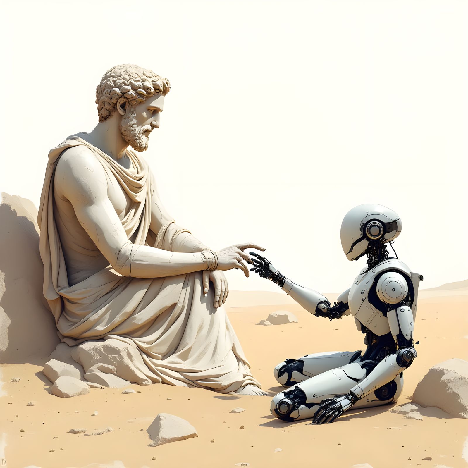 Futuristic Robot Meets Ancient Statue in Poetic Illustration