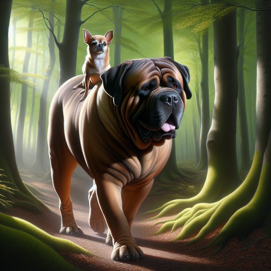 a hyperrealistic photo of a bull mastiff with a chihuahua on...