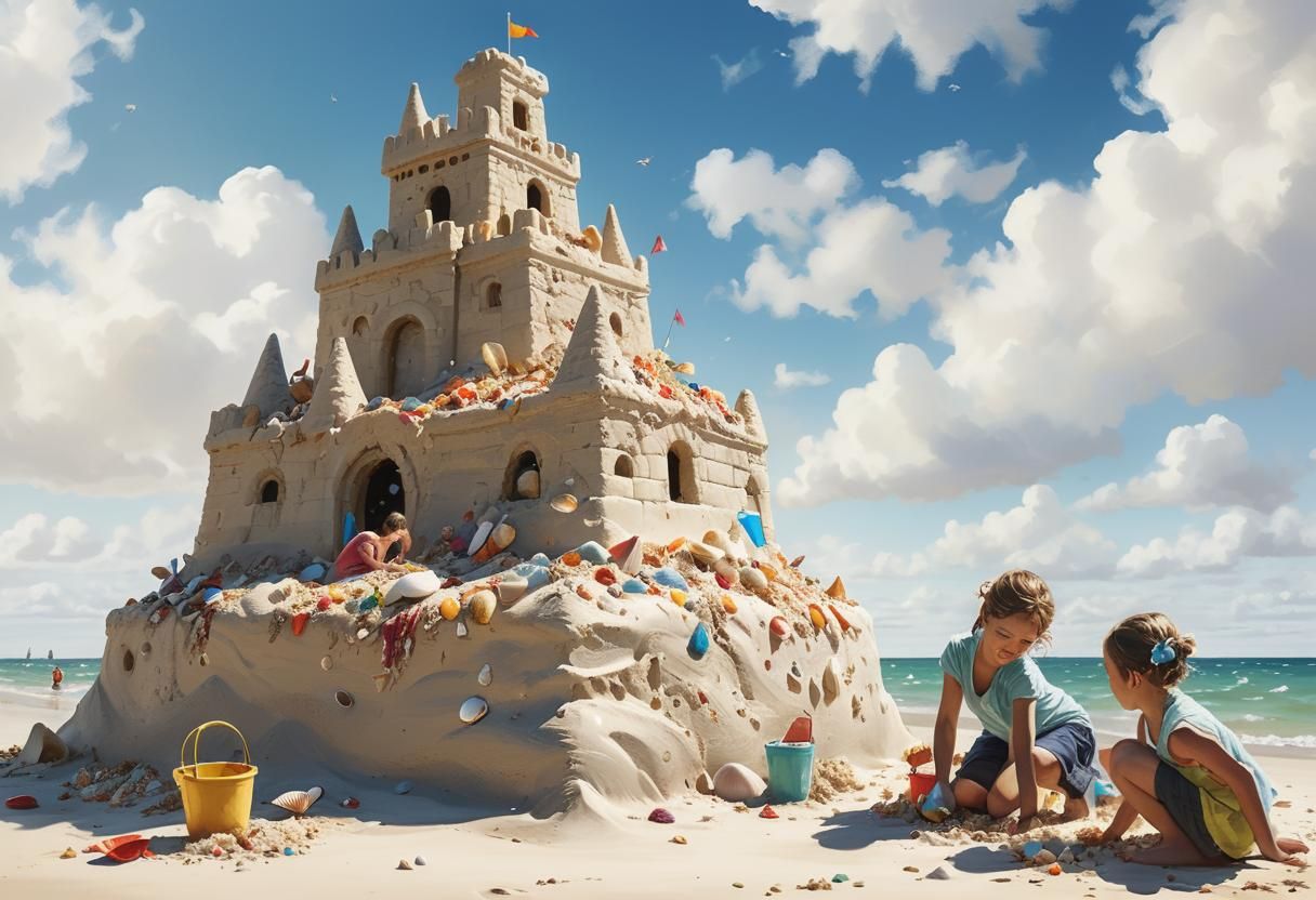Kids Build Sandcastles on Beach as Digital Art