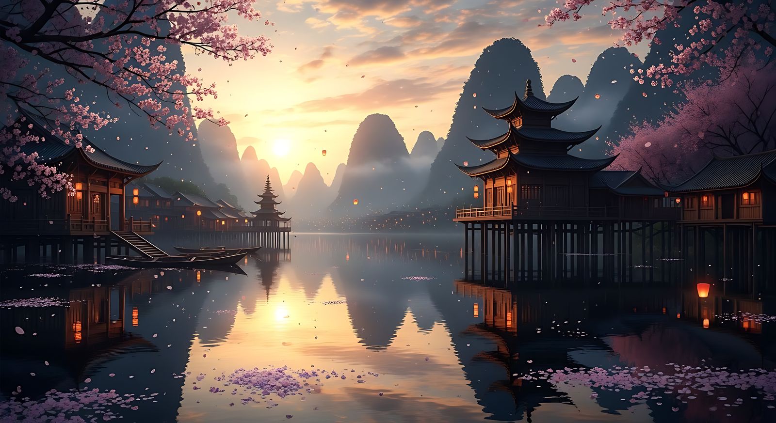 Mystical East Asian Village at Dawn: Cinematic Landscape